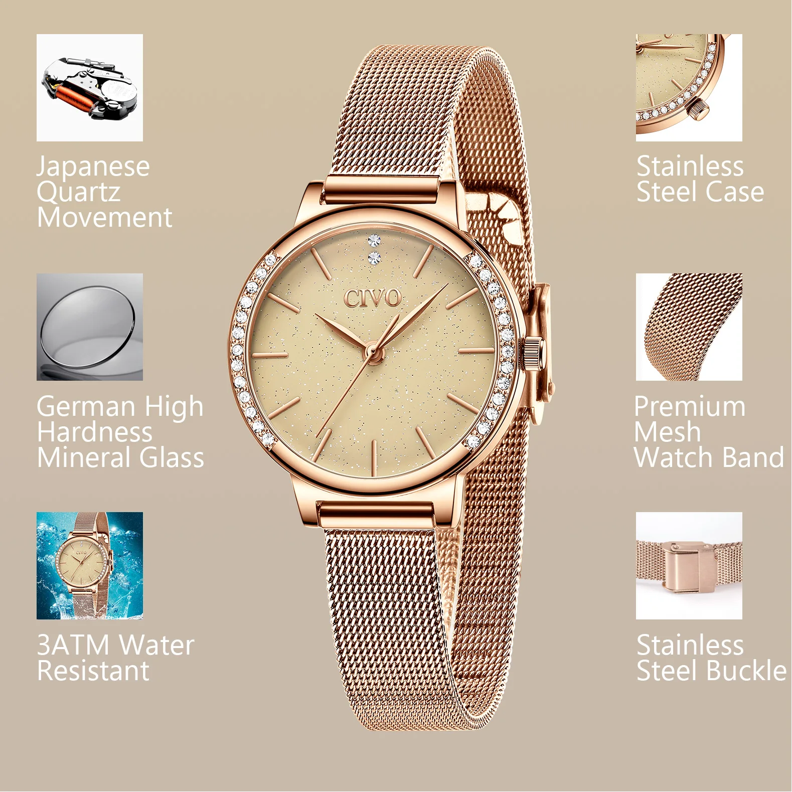 Wholesale Price CIVO Fashion Diamond Women Watches Waterproof Stainless Mesh Wrist Watch Woman Rose Gold Clock Reloj Mujer 8115 | Наручные