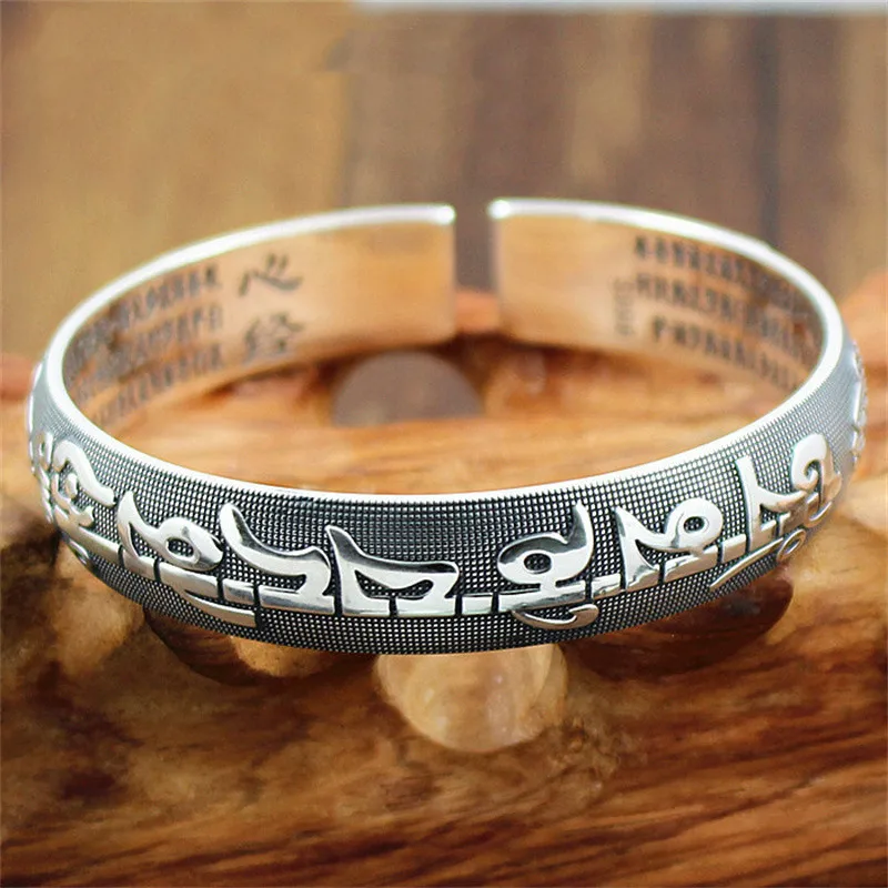 

999 Sterling Silver New Women's Buddhist Sutra Bracelet Men's Classic Retro Six Character Mantra Opening Bracelet Jewelry Gift