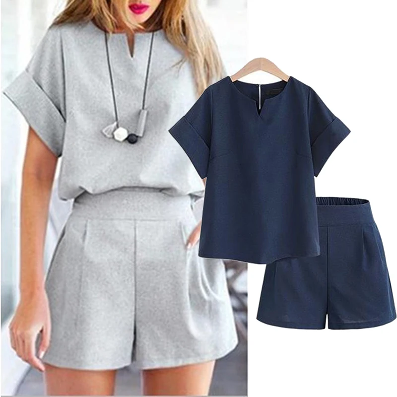 

Women Summer Shorts Tracksuit Casual Two Piece Set Clothes Lounge Wear Tops & Shorts Suit Femme Solid Fashion Office Outfits