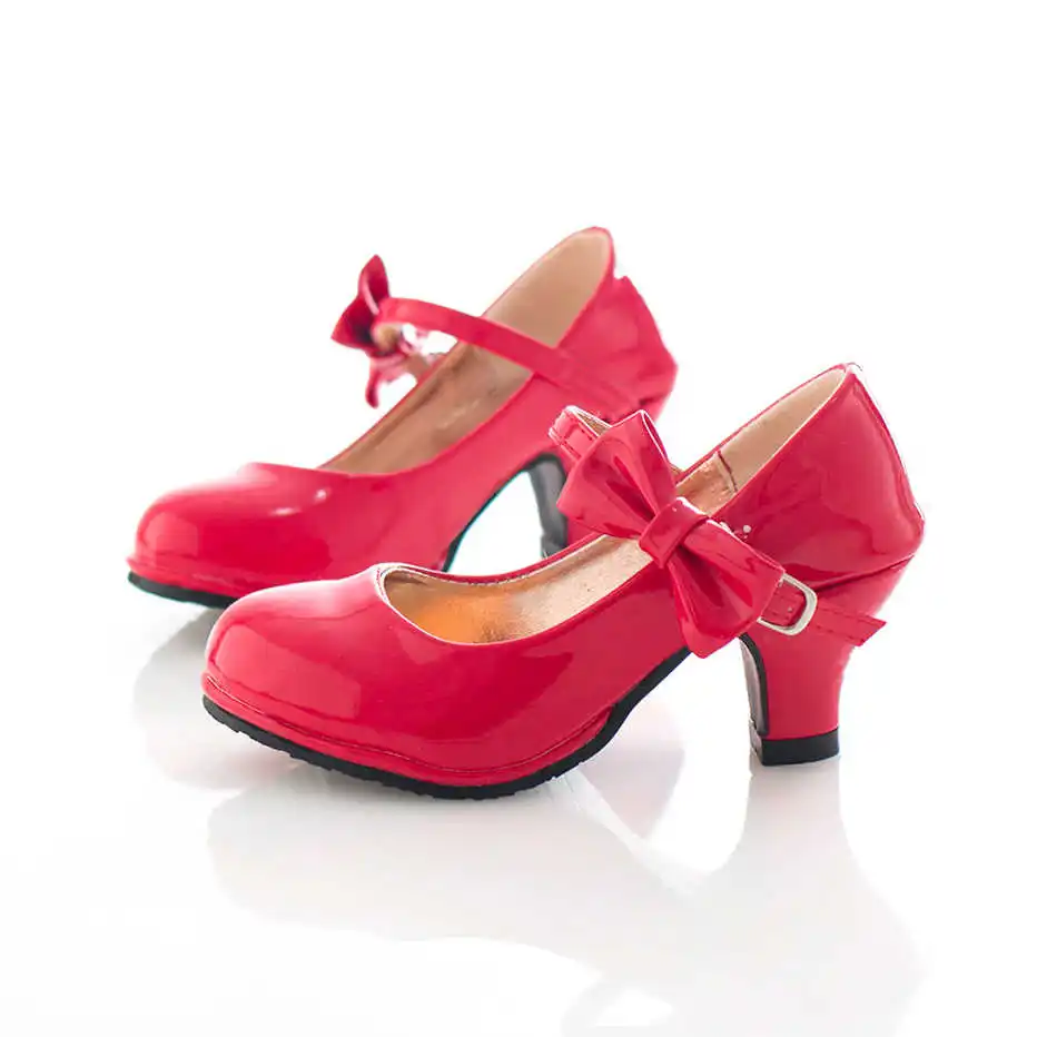 Autumn Hot Kids Shoes For Girls Fashion Princess Leather Dance Party Bow Shoes Shiny Solid Red Color High-Heeled