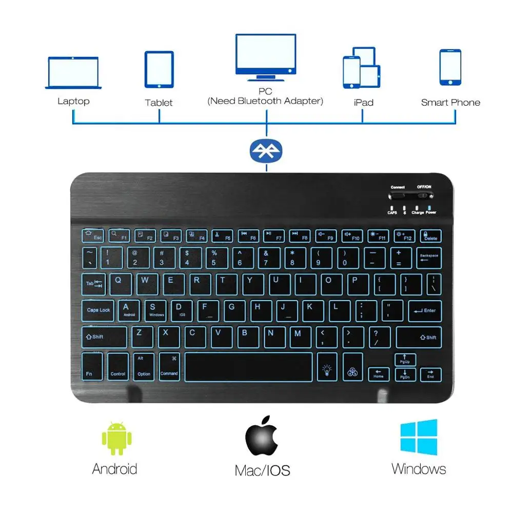 Zienstar 10 дюймов алюминиевый Беспроводной клавиатура Bluetooth With7 Цвета с подсветкой