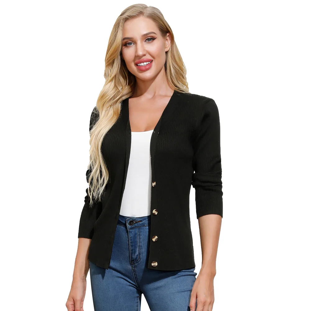 

Black Women Ribbed V-Neck Cardigan Open-front Knitwear Long Sleeve Golden Buttons Placket Sweaters