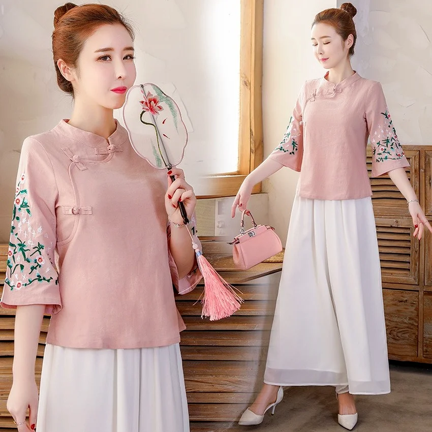 

Chinese National Style Floral Embroidery Three Quarter Sleeve Floral Cheongsam Tops Women Spring Summer Retro Buckle Shirts