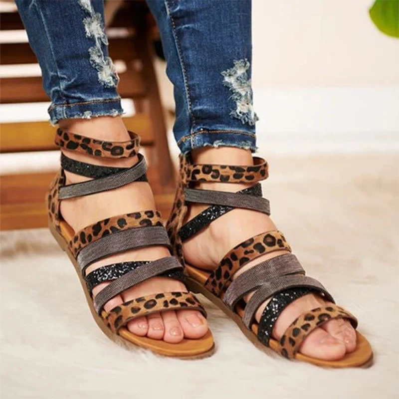 Women Leopard Flat Sandals Woman Zip Shoes Female Fashion Sexy Cross Band Snake Pattern Flats Ladies 2020 Footwear Plus Size 43 | Обувь