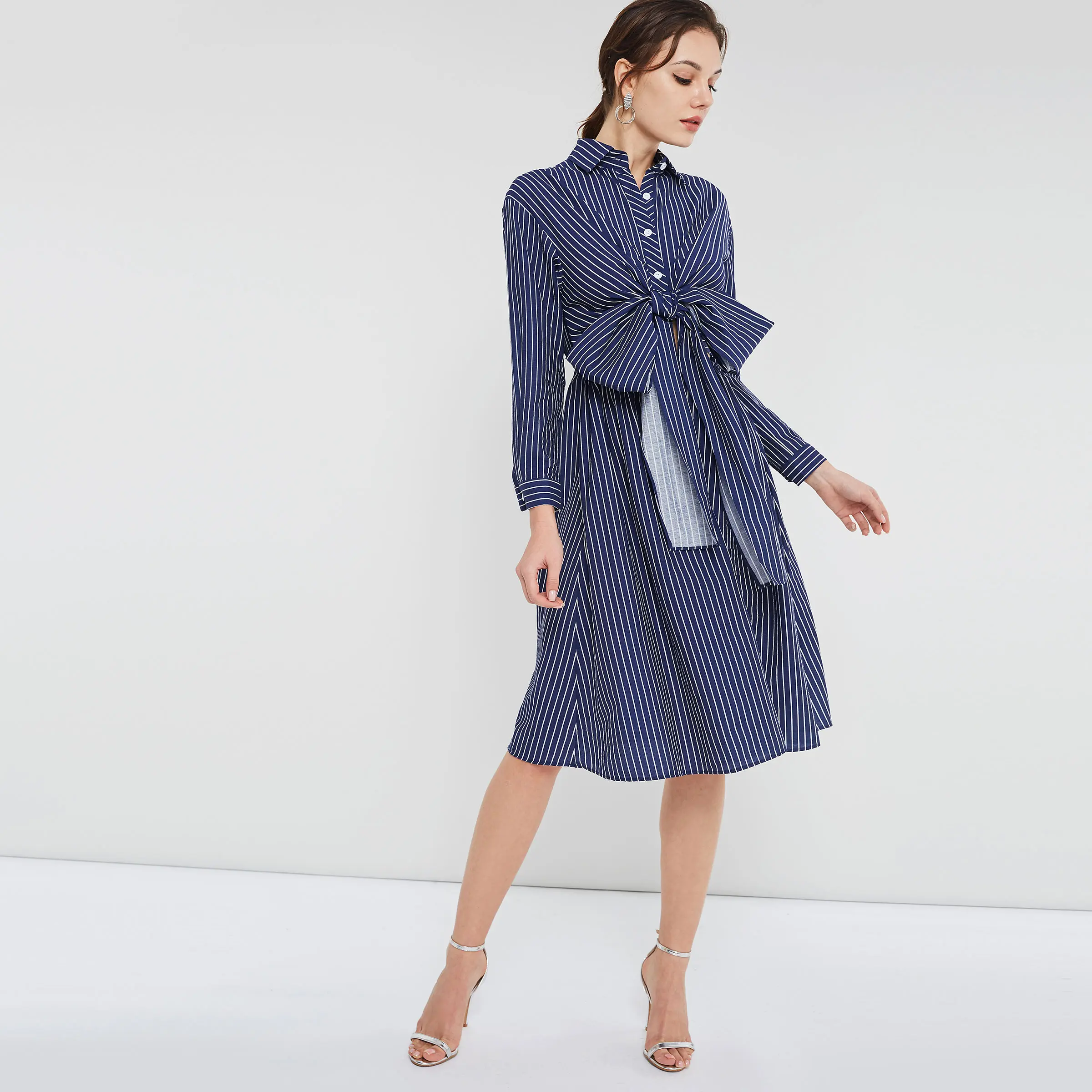 Женское офисное платье в Корейском стиле элегантное рубашка синюю полоску с