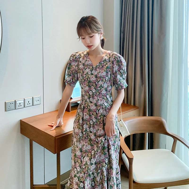 Женское шифоновое платье-миди с цветочным принтом и V-образным вырезом | Женская