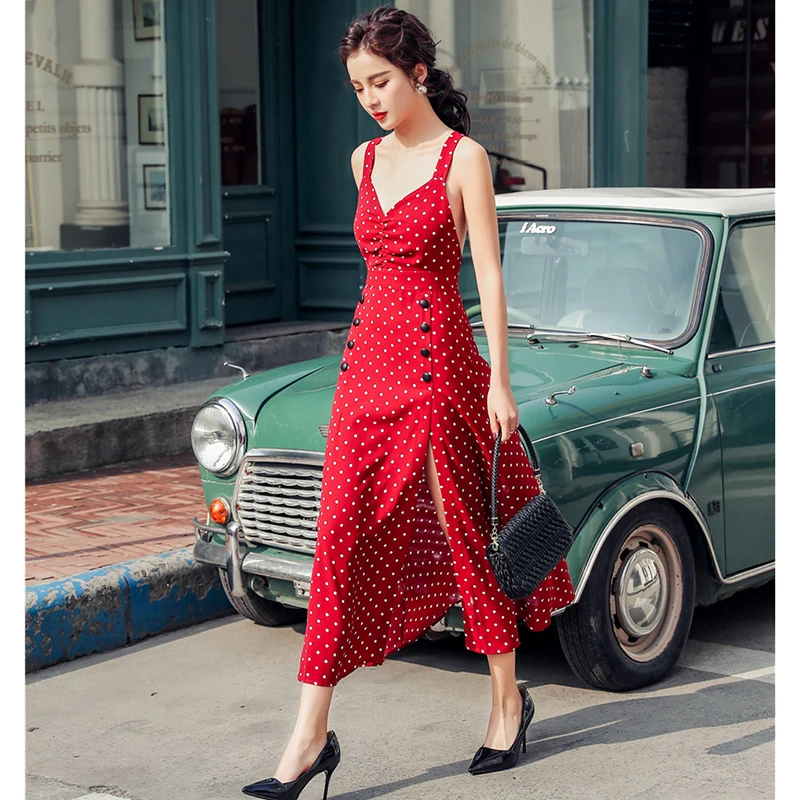 

Women Dress Sexy V-neck Halter Strapless Holiday Polka Dot Split Long Dress Female Summer Backless Criss-Cross Vestido Plus Size