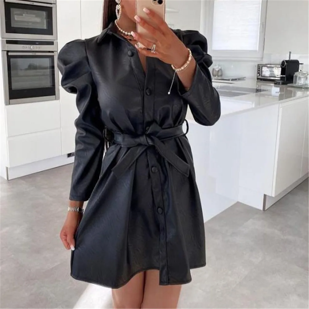 

Women's Dress Autumn Winter New Fashion Long Sleeve Single-breasted Lace-up Leather Skirt Black Women's Clothing Punk Trend