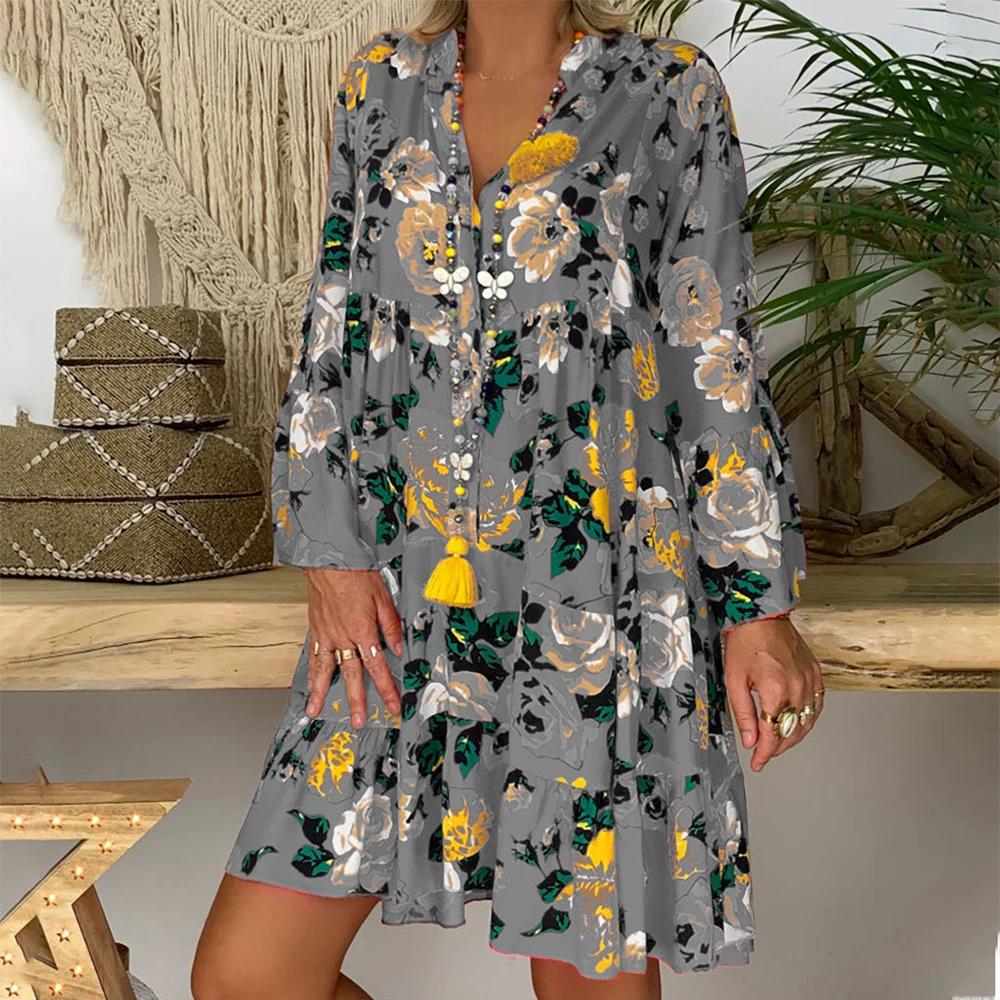 Fashion Summer Women Boho Floral Long Sleeve Dress Holiday Beach Shirt Ladies Print Mini Plus Size | Женская одежда