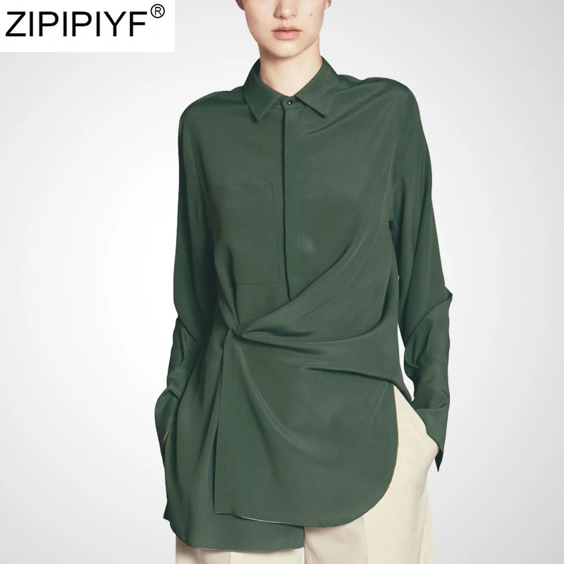 

Летняя женская модная рубашка, Повседневная Однотонная рубашка с отложным воротником и длинными рукавами, блузка на пуговицах, женская оде...