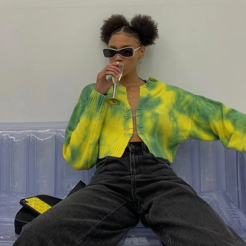 Женский свитер с брошью Повседневный свитер-кардиган желтого и зеленого цветов