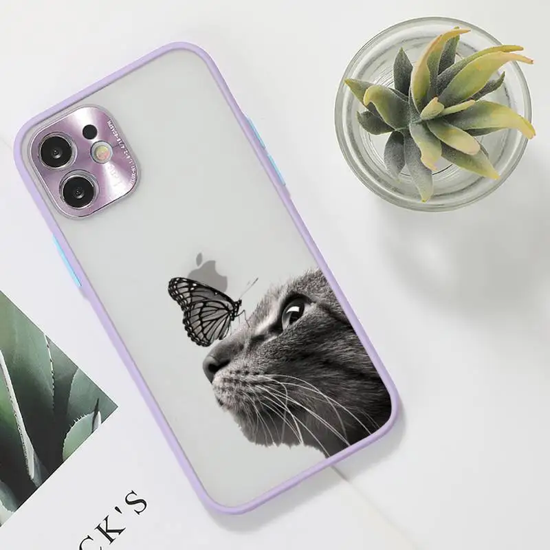 

Cartoon cute cat Phone Case For iPhone 12 11 Mini Pro XR XS Max 7 8 Plus X Matte transparent Purple Back Cover