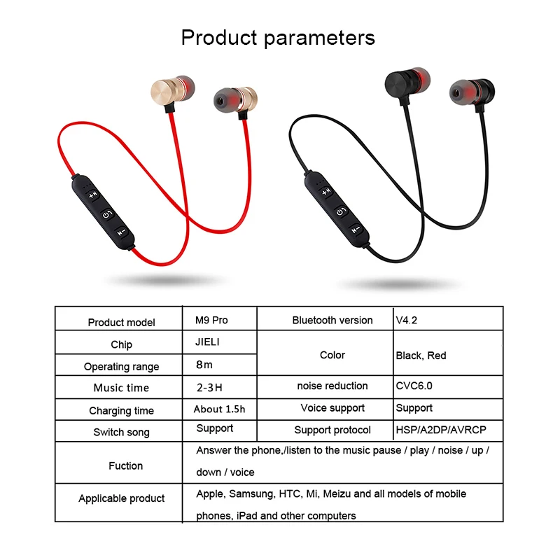 

M9 Magnetic Wireless Bluetooth 4.2 Sport Sweat Proof Headphones In-Ear Noise Reduction Earphones Earbuds Headset W/MIC