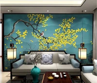 xue su customized large wallpaper mural new chinese ginkgo hand painted flowers and birds living room bedroom background wall