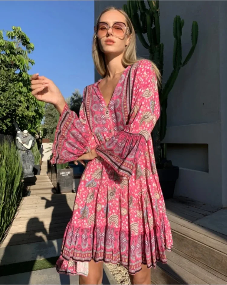 

WEPBEL Spring Floral Print Loose Ruffle Dress Women's Casual Flared Sleeves V-neck Single Breasted Pleated Stitching Dress