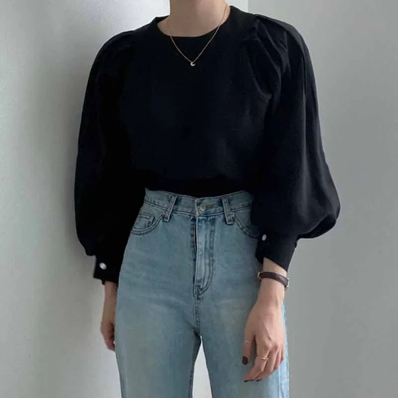 Женская блуза с круглым вырезом длинным рукавом-фонариком | одежда