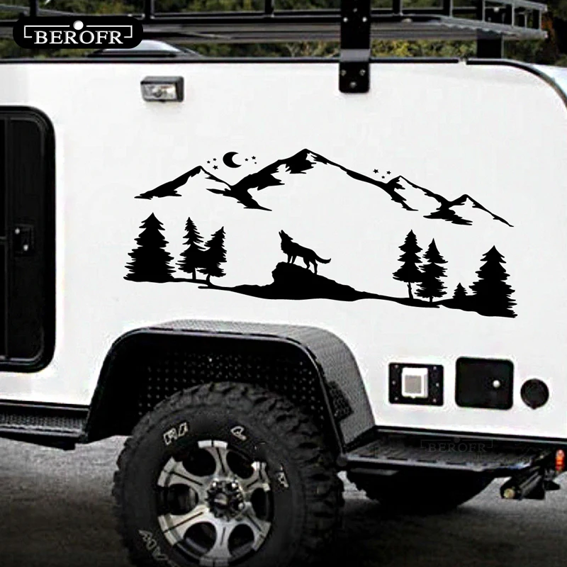 

Car Vinyl Decal Stickers for SUV RV Camper Offroad Howling Wolf Decoration Mountains Forest Animals Moonlight