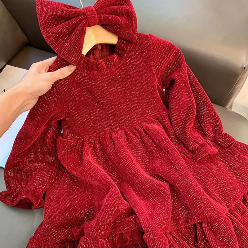 

Birthday Party Dresses Girls Autumn Winter Plush Warm Princess Shiny Dress With Bow Hairpin 3-10Y Vestidos Children Clothes