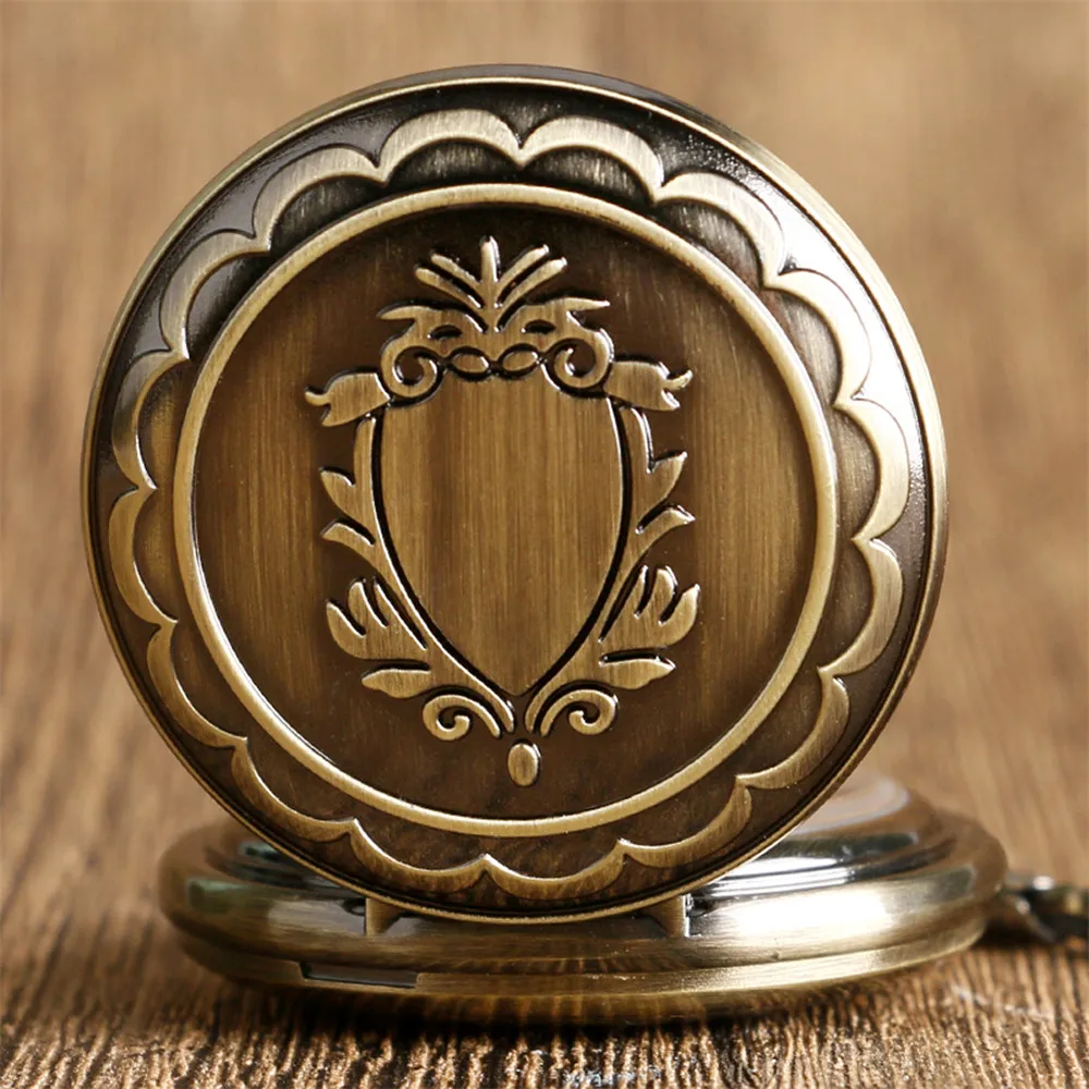 Shield Pattern Bronze Hand Winding Mechanical Pocket Watch Blue Arabic Numeral Dial Antique Pendant Timepiece with Pocket Chain