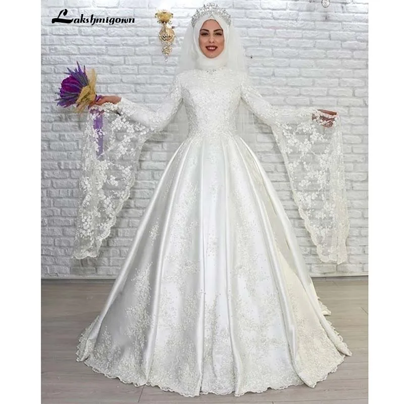

Роскошное мусульманское свадебное платье трапециевидной формы с высоким воротником и длинными расклешенными рукавами, кружевное женское ...