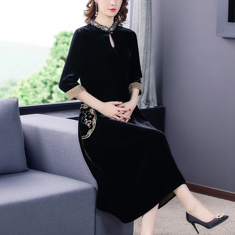 

COIGARSAM Women Dress Autumn 2021 New Cheongsam Black Dresses Traf Robe Vestidos