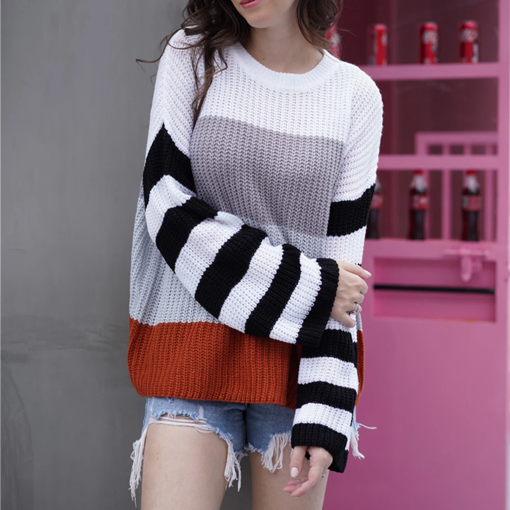 Осенне-зимний вязаный свитер в полоску женские свитера и пуловеры стиле пэчворк