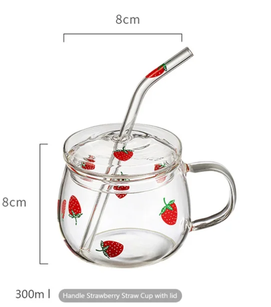 

Kawaii Strawberry Glass Mug With Straw Creative High Temperature Resistance Clear Glass Water Cup Household Milk mugs