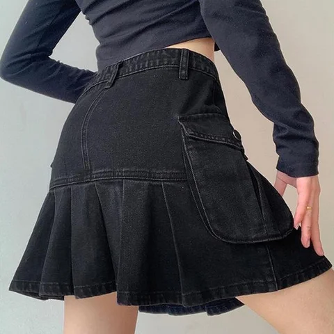 Skirts Women Folds Denim Mini Sexy Kawaii Streetwear Korean Style Chic Casual A-Line Vintage Fashionable Harajuku Sweet Girls