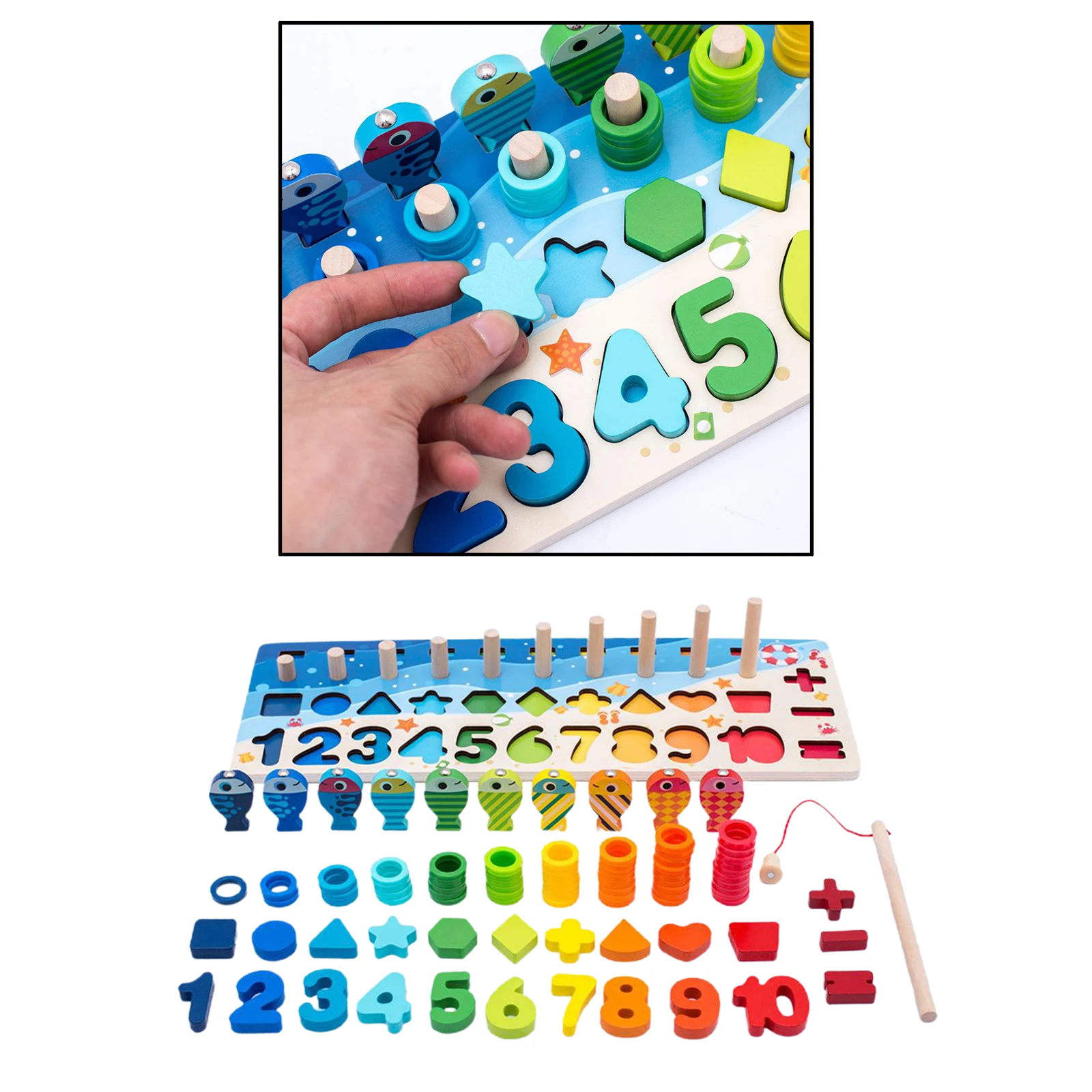 

Wooden Number Shape Sorting Puzzles Counting Montessori Fishing Game Toy