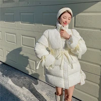 fashion thick cotton sweet bow wide waisted women winter coat parkas with sashes white black sweet slim jackets