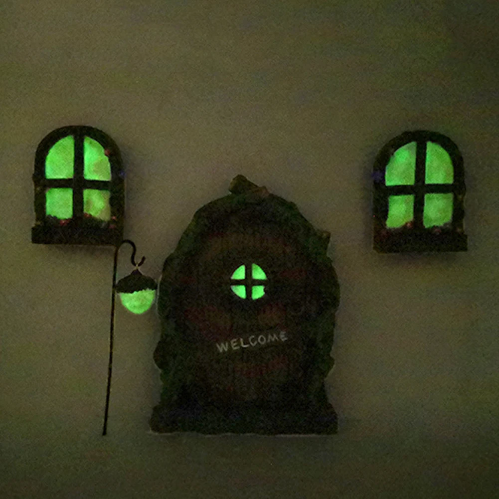 

Sculpture Miniature Noctilucence Garden Art Resin Ornament Set Gnome Fairy Home Window Door Lamp Trees Decoration Glow In Dark