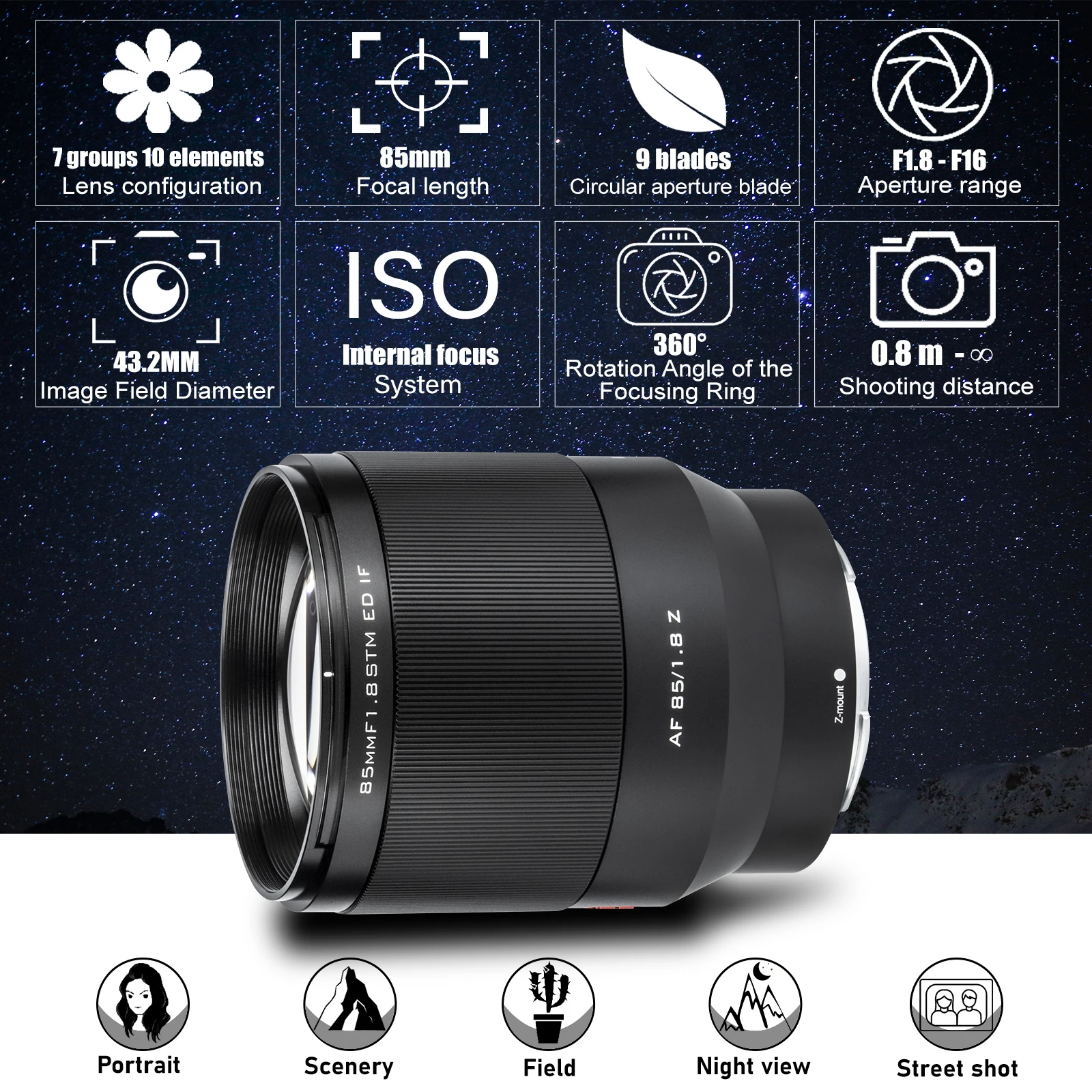 VILTROX 85mm F1.8 II STM Auto Focus Portrait Large Aperture Lens AF for Sony E Mount Fuji X Nikon Z Camera | Электроника