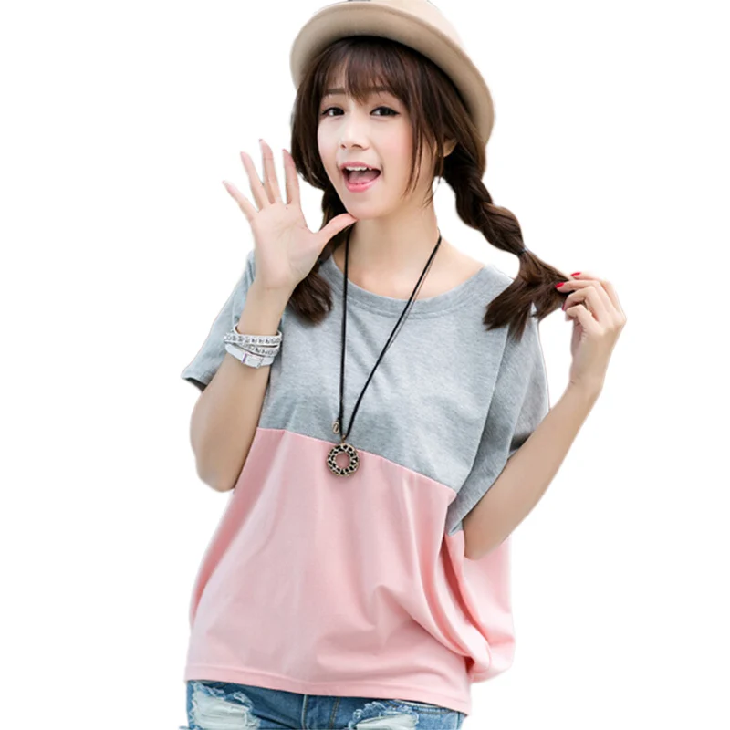 

Women Batwing Sleeve Shirts Top Solid O-Neck Summer Patchwork Tee Tops Female Casual T Shirts