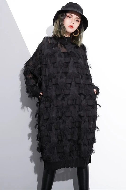 

XUXI Large Size Dress Spring Autumn 2020 New Women Tassel Five-pointed Star Lace Medium-length Dress Loose Temperament FZ1657