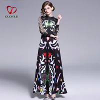 2021 runway long maxi dress women high quality charming floral long sleeve patchwork elegant vintage floor length dress