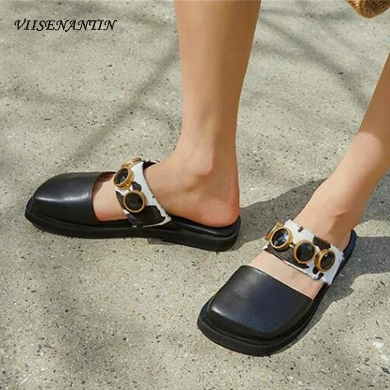 

Summer soft leather half slippers fashion outer wear rhinestone decoration leather lazy Muller shoes women