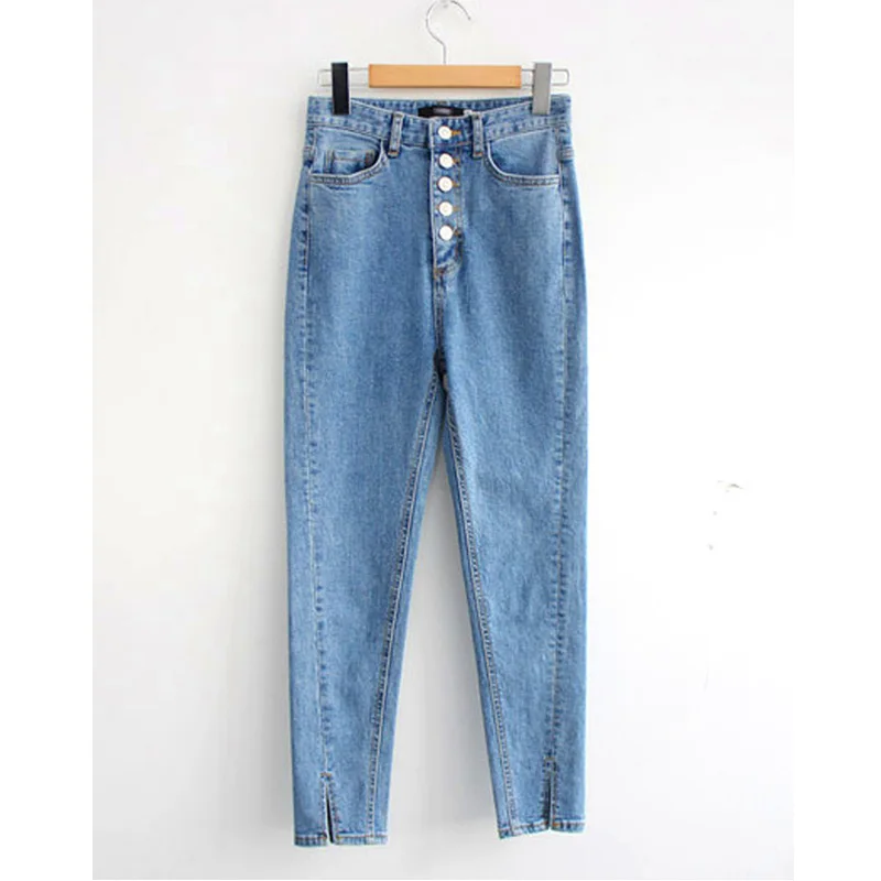 

High Waist Stretch Pants Capris Streetwear Female Split Cuff Jeans Pants Autumn Vintage Single-breasted Women Denim Jeans