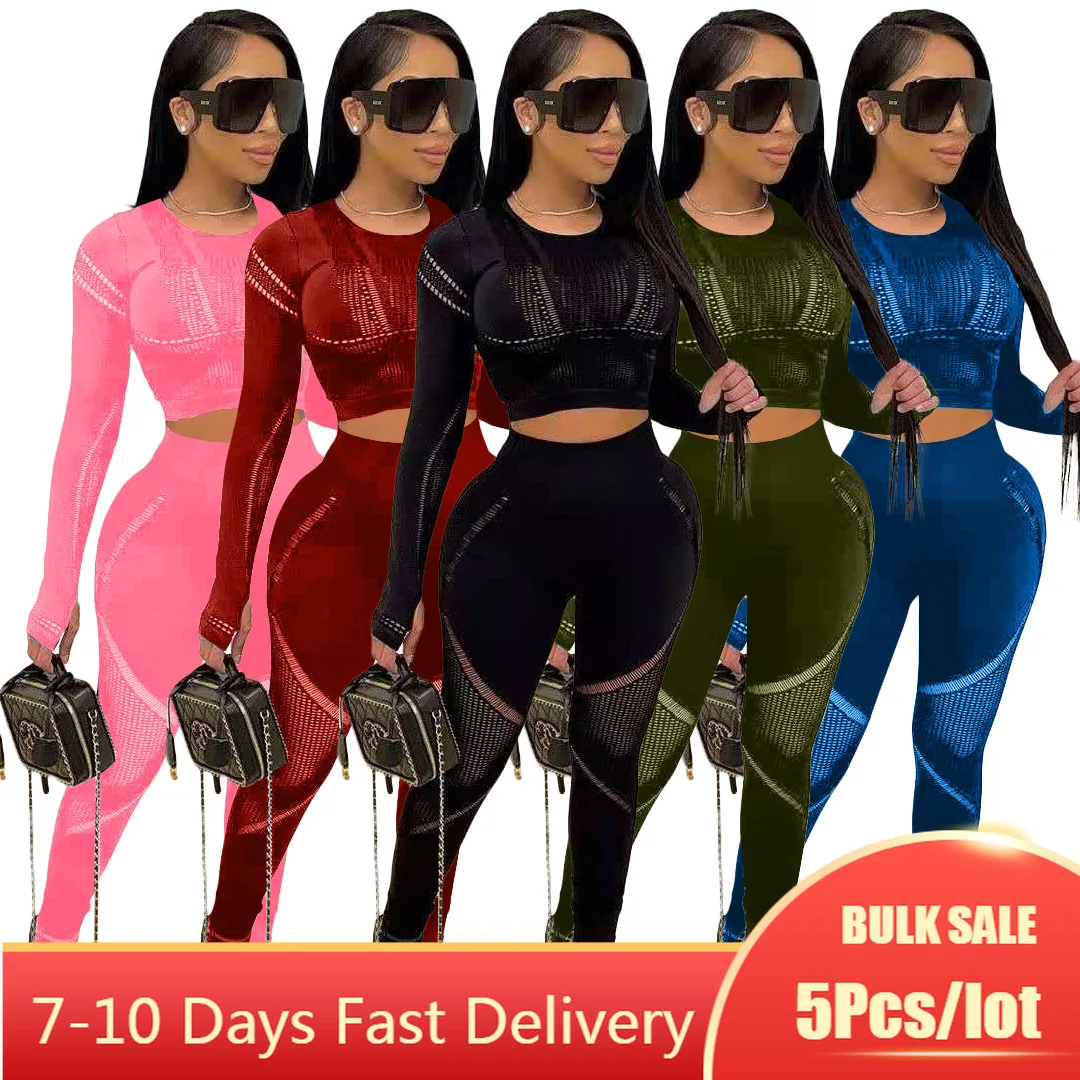 

5PCS Wholesale Items Two Piece Sets Outfits Women Long Sleeve Crop Tops Legging Fall Joggers Matching Sets Sweatsuits for Women