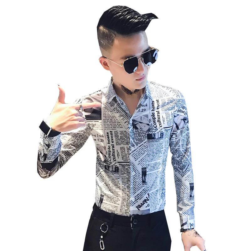 

Hot Sale Men Casual Shirts Long Sleeve Fashion 2021 Newspaper Print Slim Fit Night Club Prom Tuxedo Streetwear All Match 3XL-M