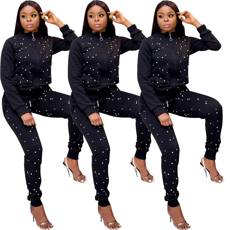 Женский Повседневный Спортивный костюм с жемчужными бусинами комплект из 2