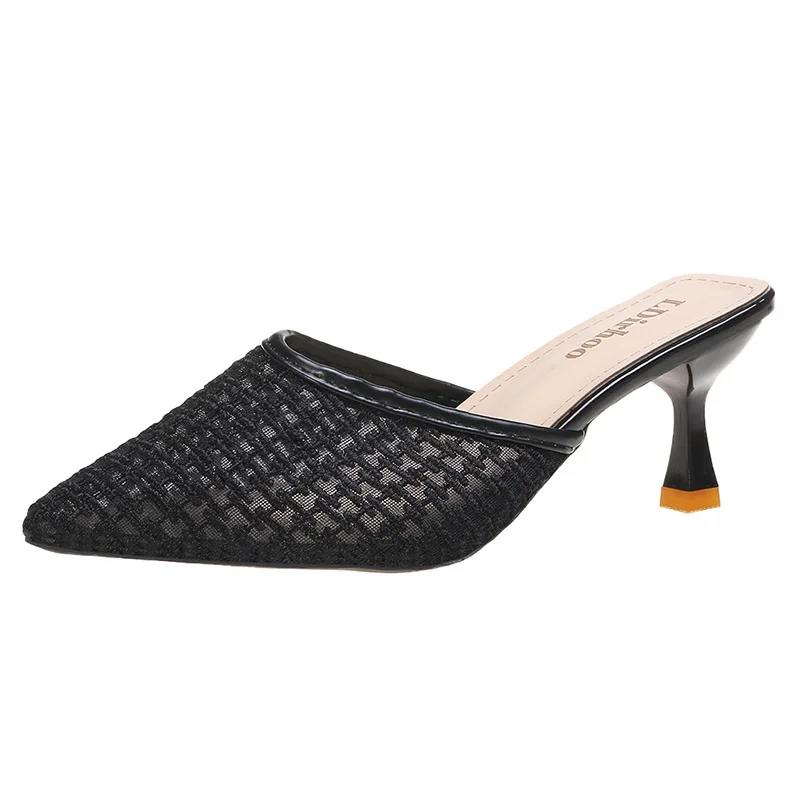 

Low Cover Toe Slippers Casual Shoes Women Heels Loafers Slides Pantofle Luxury High Fretwork Thin Pointed 2021 Rome PU Fabric Fa