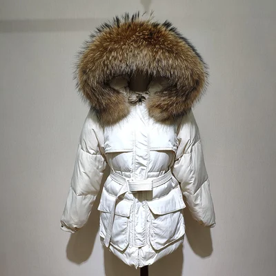 beige (Natural hair) White Down Coat Winter Woman Fashion New Hooded Fur Collar Warm Thicken Cotton Clothing Casual Parkas Belt Overcoat f1401 - Цвет: beige (Natural hair)