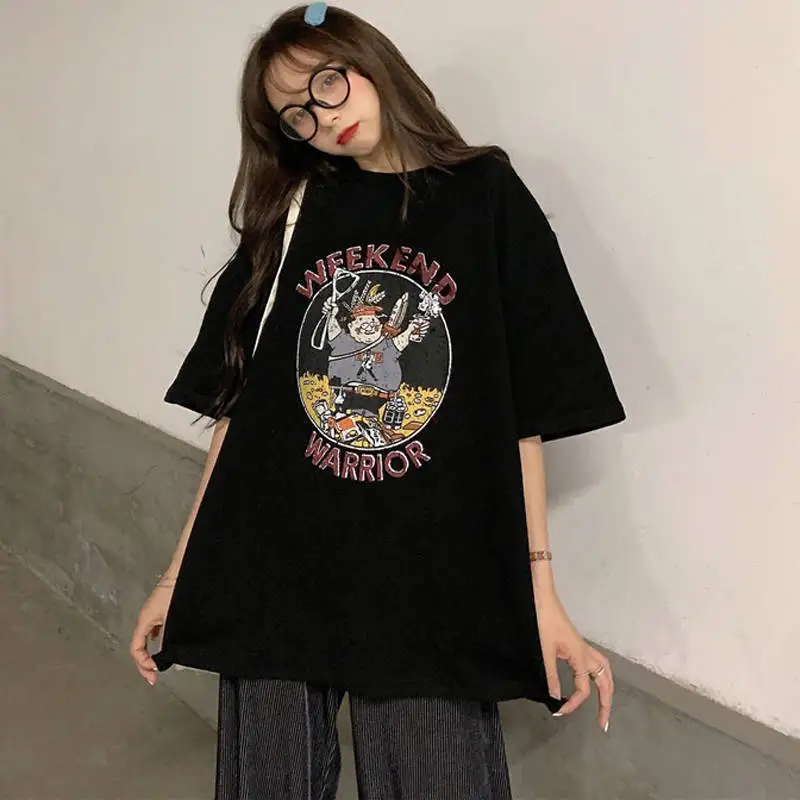 

[100% cotton] ins short sleeve t-shirt female loose fit Korean student's versatile Harajuku BF lazy wind bungee top
