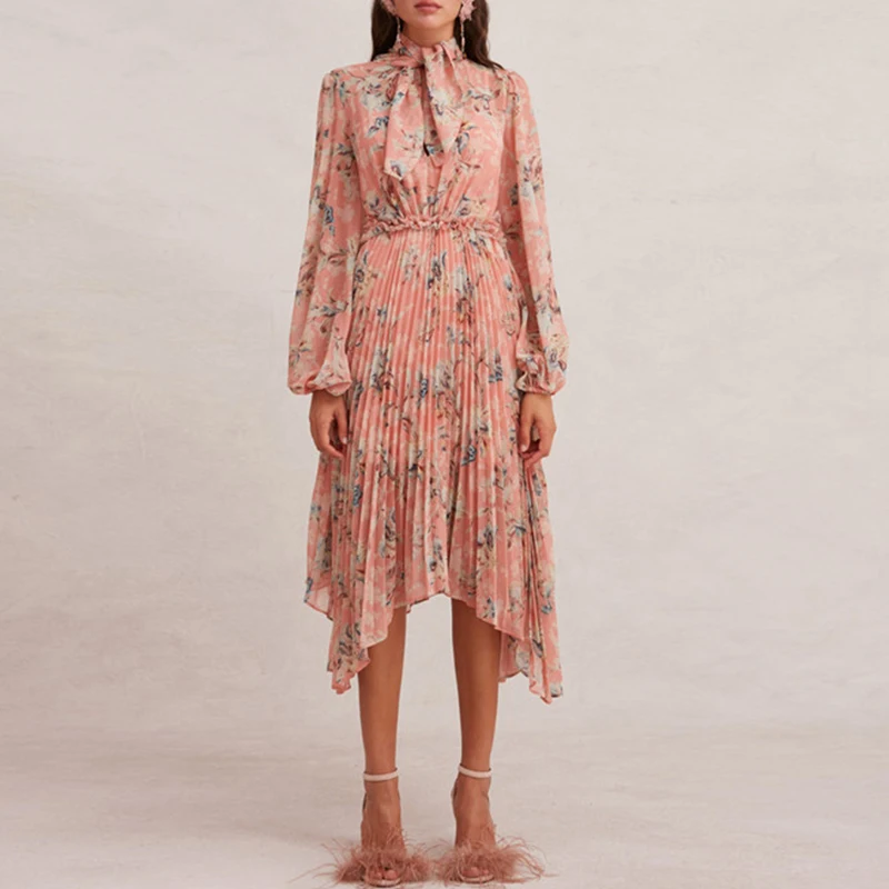 Женское шифоновое платье с цветочным принтом розовое плиссированное трапеция