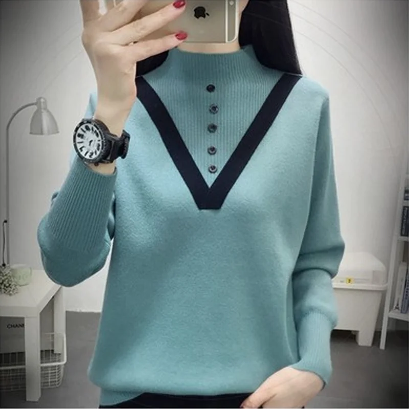 

HKCP Fashion Woman Sweaters Casual Office Lady Half Turtleneck Long Sleeve Patchwork Button Knitted Pullovers Winter 2020 New