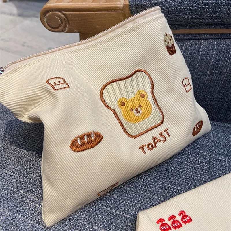 

Embroidery Canvas Cosmetic Bag Cute Cartoon Makeup Bag Cosmetics Organizer Pouch Portable Toiletry Bag Korean Beauty Case Clutch