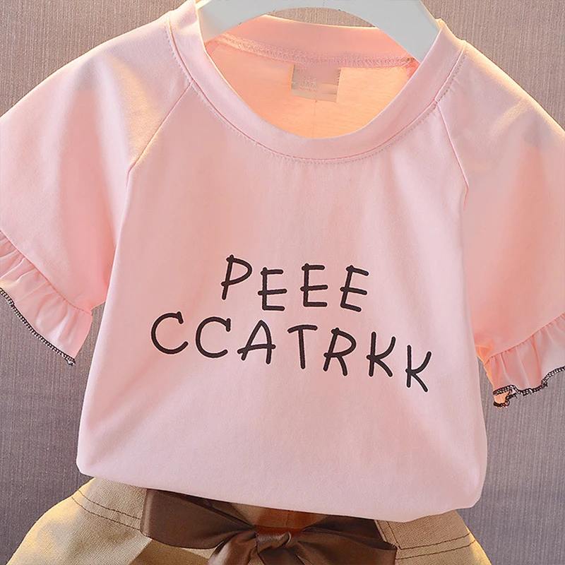 

Baby Girls' Summer 2021 Children Short Sleeve Suit Sportswear For Girls Shorts 2-piece Cotton Top And Puffy Skirt Kids Clothing