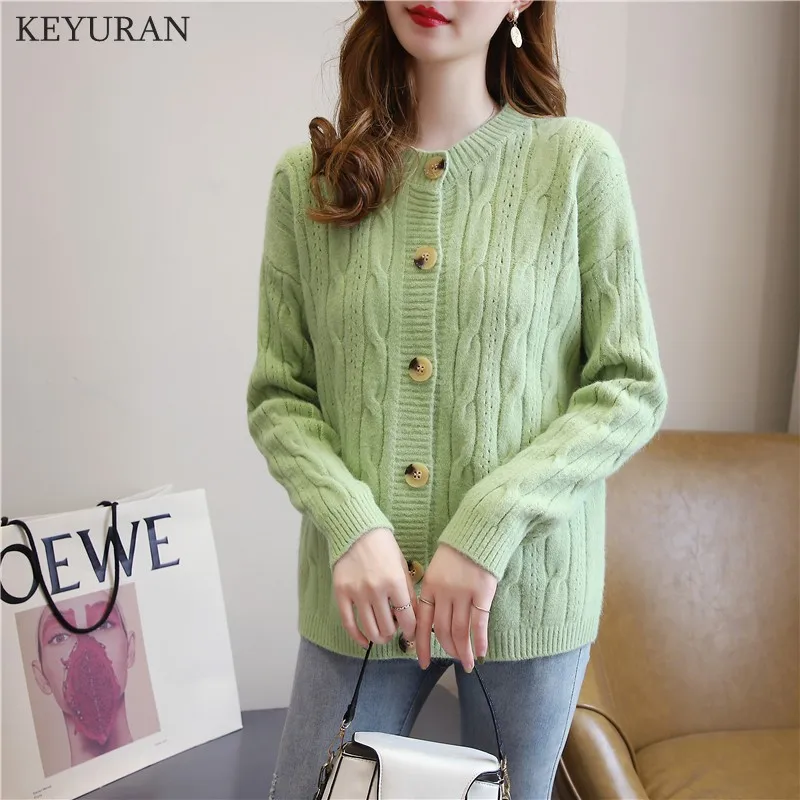 

Женский вязаный кардиган на пуговицах, зеленая мягкая кофта с длинным рукавом, свитер с завязками в корейском винтажном стиле, Розовая/фиол...