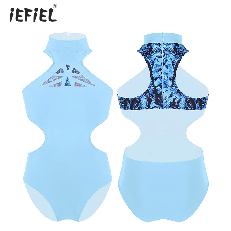 

Детские балетные костюмы для девочек без рукавов с воротником-стойкой, с застежкой-молнией, с вырезами на талии, гимнастический купальник, комбинезон, SZ 4-14