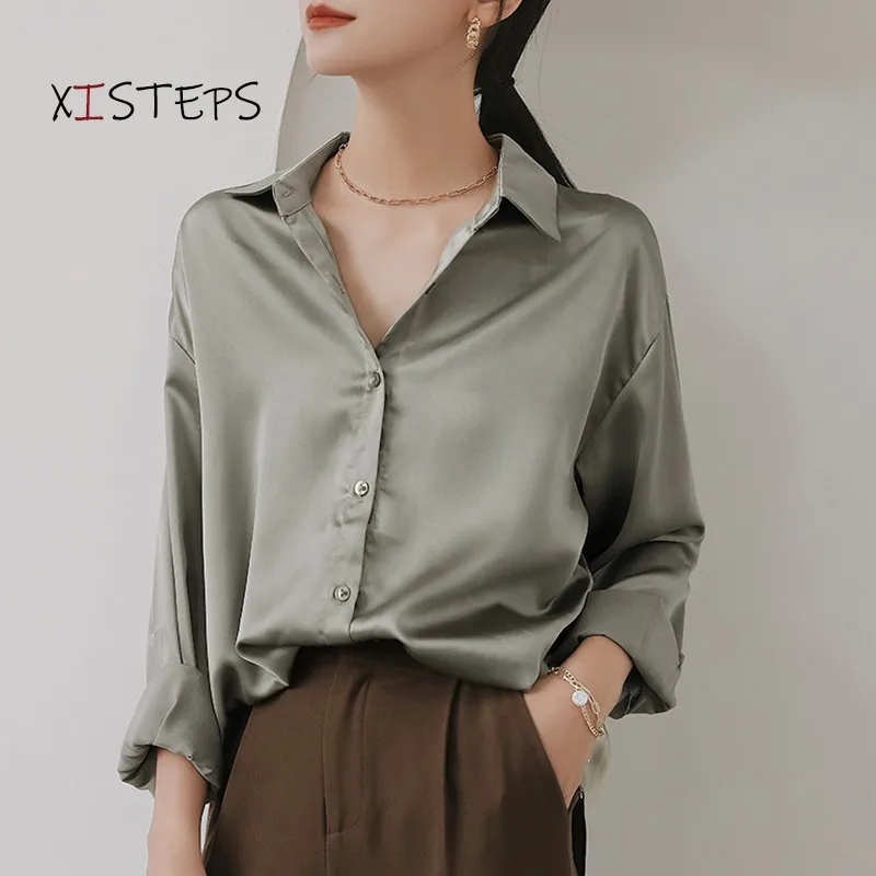 OL Style Satin Blouses Shirts For Women 2021 Spring Female Office Lady Tops White Green Elegant Woman's Clothes Button Up